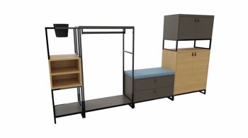 Garderobe Vario aus Metall Holz in Schwarz Holzfarben Dunkelgrau Garderobe M1 Set 1 Big Garderoben-Kombi Rahmen schwarz, Korpus Platte Eiche Dekor - Lava, Schlaufengriff Leder braun, Topf schwarz