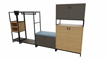 Garderobe Vario aus Metall Holz in Schwarz Holzfarben Dunkelgrau Garderobe M1 Set 1 Big Garderoben-Kombi Rahmen schwarz, Korpus Platte Eiche Dekor - Lava, Schlaufengriff Leder braun, Topf schwarz