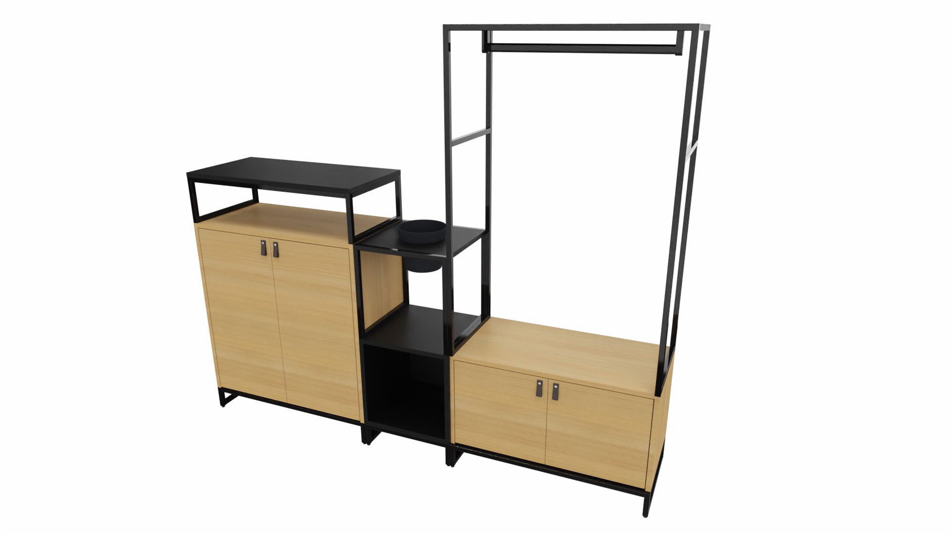 Garderobe Vario aus Metall Holz in Schwarz Holzfarben Garderobe M1 Set 1 Medium Garderoben-Kombi Rahmen schwarz, Korpus - Platte Eiche Dekor - Schwarz, Schlaufengriff Leder braun, Topf schwarz