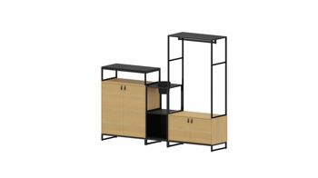 Garderobe Vario aus Metall Holz in Schwarz Holzfarben Garderobe M1 Set 1 Medium Garderoben-Kombi Rahmen schwarz, Korpus - Platte Eiche Dekor - Schwarz, Schlaufengriff Leder braun, Topf schwarz
