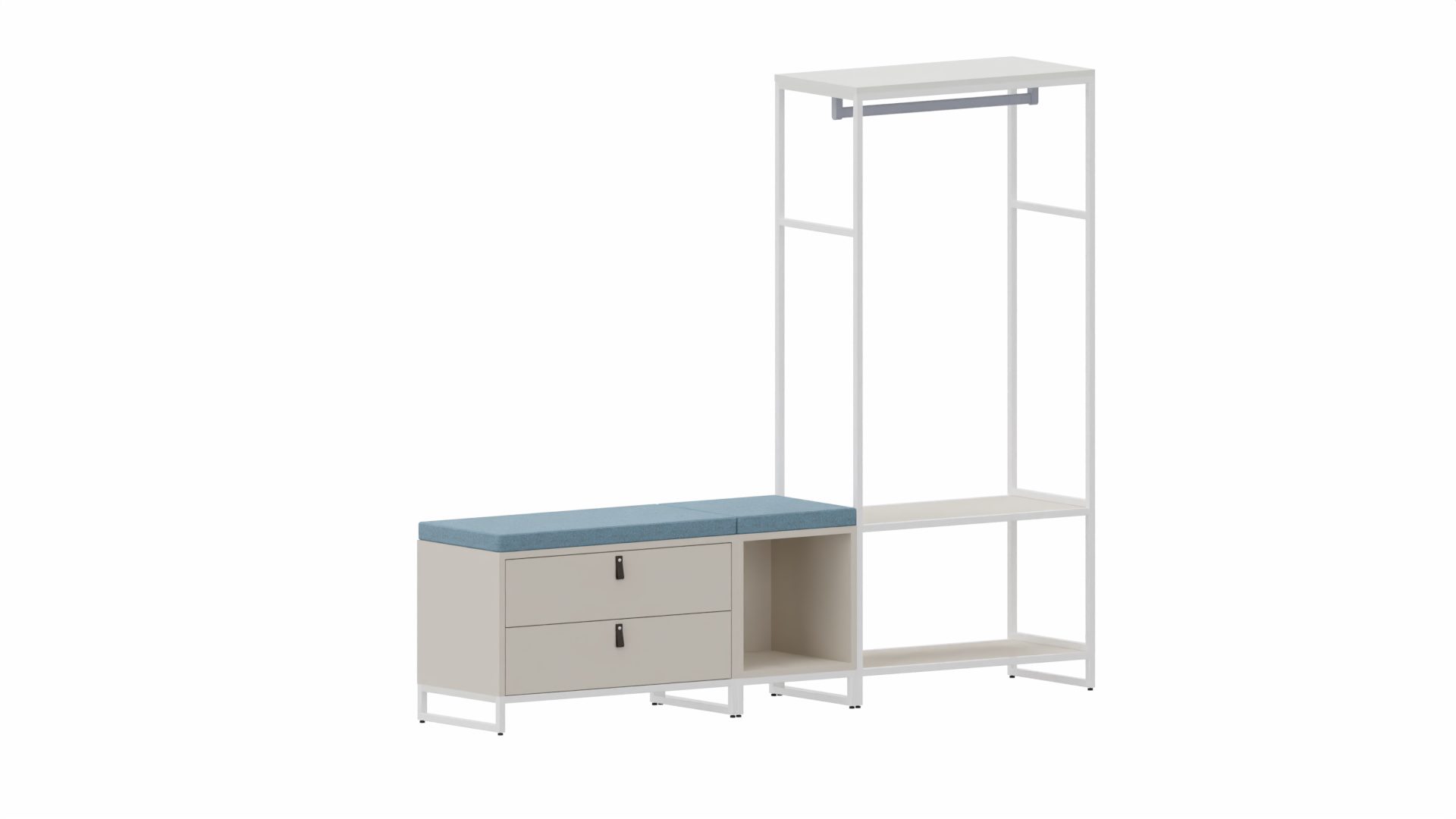 Garderobe Vario aus Metall Holz in Weiß Grau Garderobe M1 Set 1 Small Garderoben-Kombi Rahmen weiß, Korpus-Platte Angoragrau, Schlaufengriff Leder