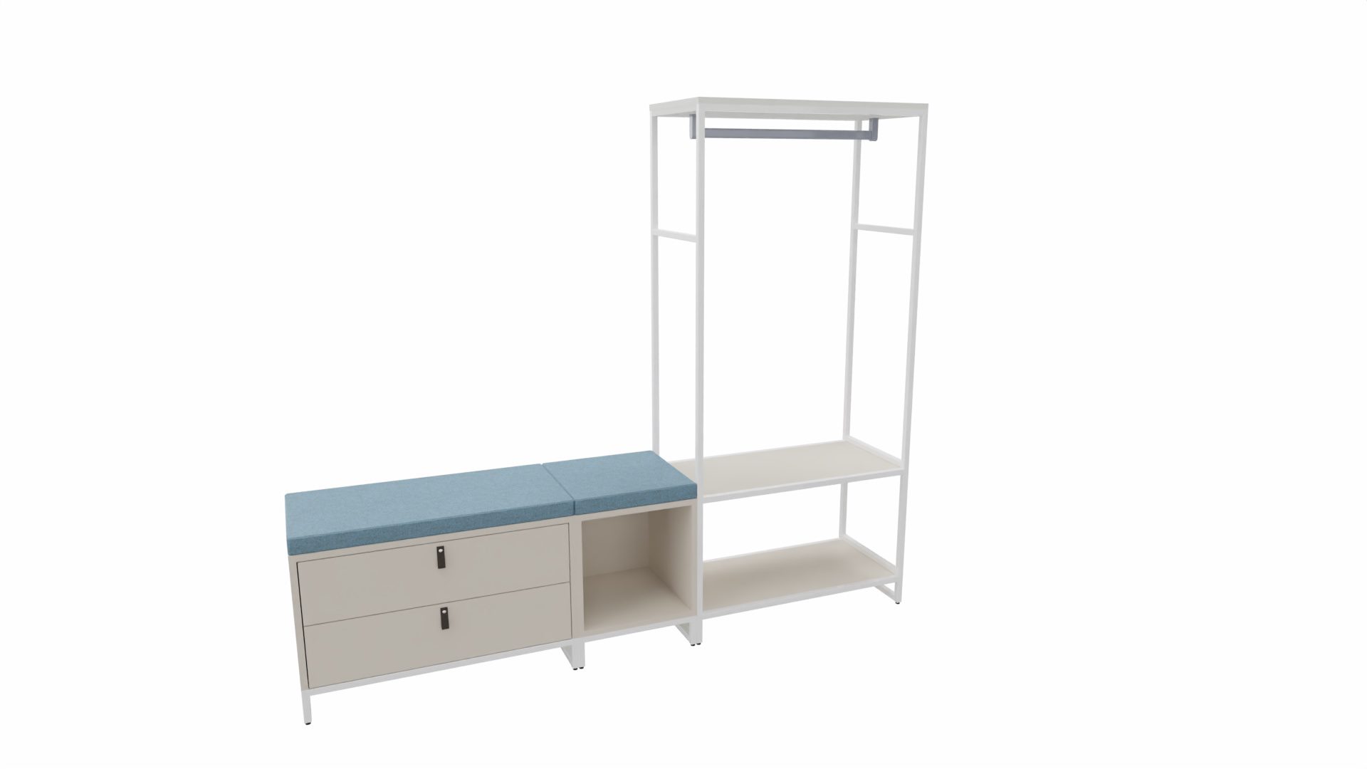 Garderobe Vario aus Metall Holz in Weiß Grau Garderobe M1 Set 1 Small Garderoben-Kombi Rahmen weiß, Korpus-Platte Angoragrau, Schlaufengriff Leder