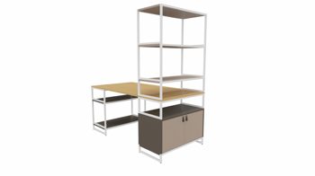 Büromöbel Vario aus Metall Holz in Weiß Holzfarben Dunkelgrau M1 Set 2 Big A Schreibtisch-Kombi Rahmen weiss, Korpus-Platte Lava-Steingrau, Schlaufengriff Leder braun, Schreibplatte Eiche Dekor