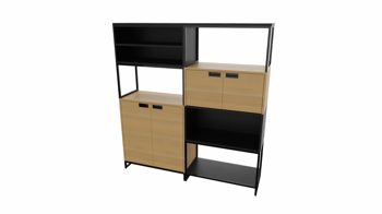 Büromöbel Vario aus Metall Holz in Schwarz Holzfarben M1 Set 2 Medium A Büro-Kombination, Bürokombi Rahmen schwarz, Korpus-Platte Eiche Dekor-Schwarz, Muldengriffe schwarz