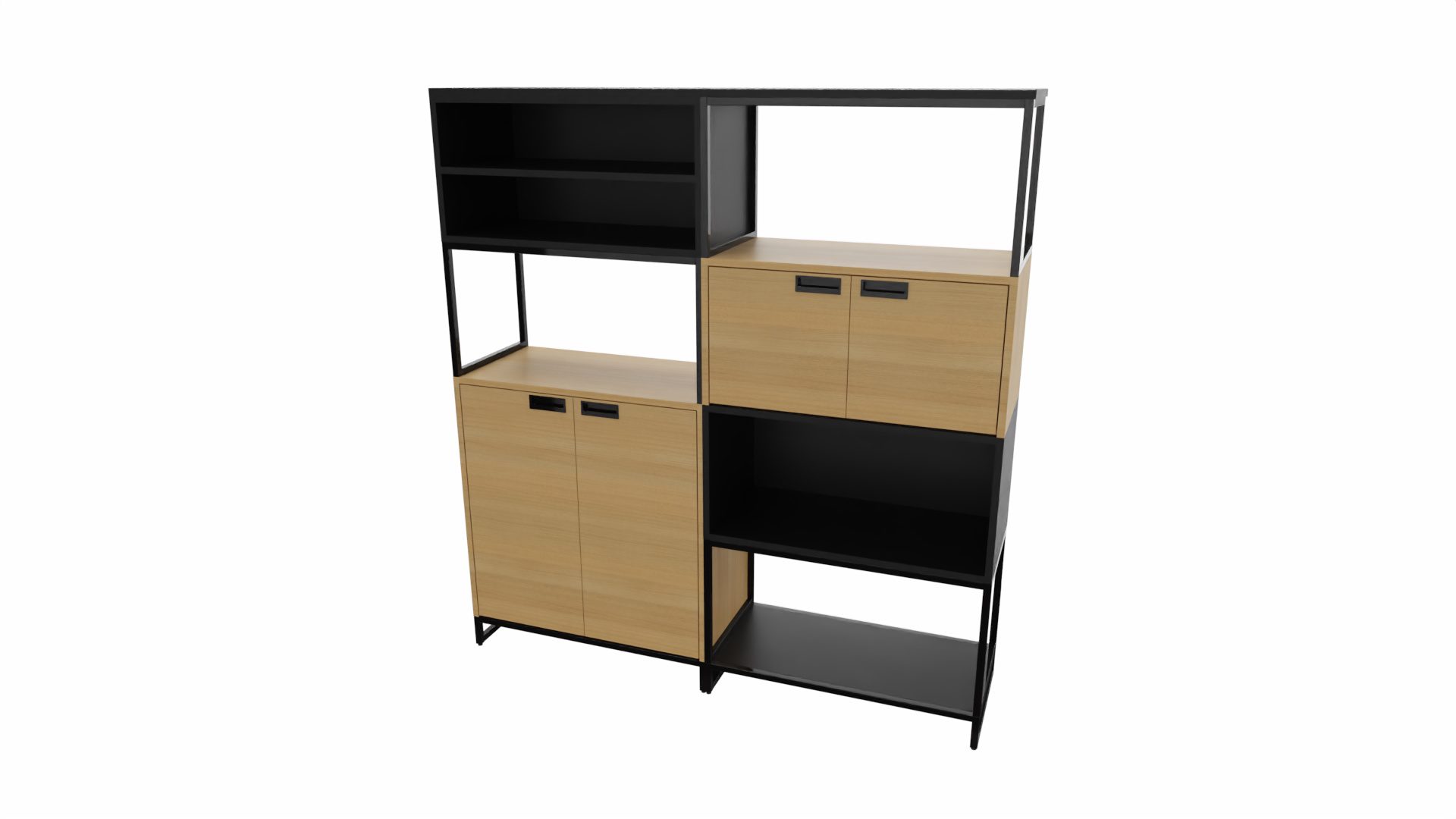 Büromöbel Vario aus Metall Holz in Schwarz Holzfarben M1 Set 2 Medium A Büro-Kombination, Bürokombi Rahmen schwarz, Korpus-Platte Eiche Dekor-Schwarz, Muldengriffe schwarz