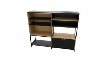 Büromöbel Vario aus Metall Holz in Schwarz Holzfarben M1 Set 2 Medium B Büro-Kombination, Bürokombi Rahmen schwarz, Korpus-Platte Eiche Dekor-Schwarz, Schlaufengriff Leder braun