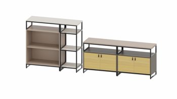 Regal Vario aus Metall Holz in Schwarz Holzfarben Grau M1 Set 3 Big B Regal-Kombi, Wohnkombination Rahmen schwarz, Korpus-Platte Eiche Furnier-Lava-Steingrau-Angoragrau, Schlaufengriff Leder braun