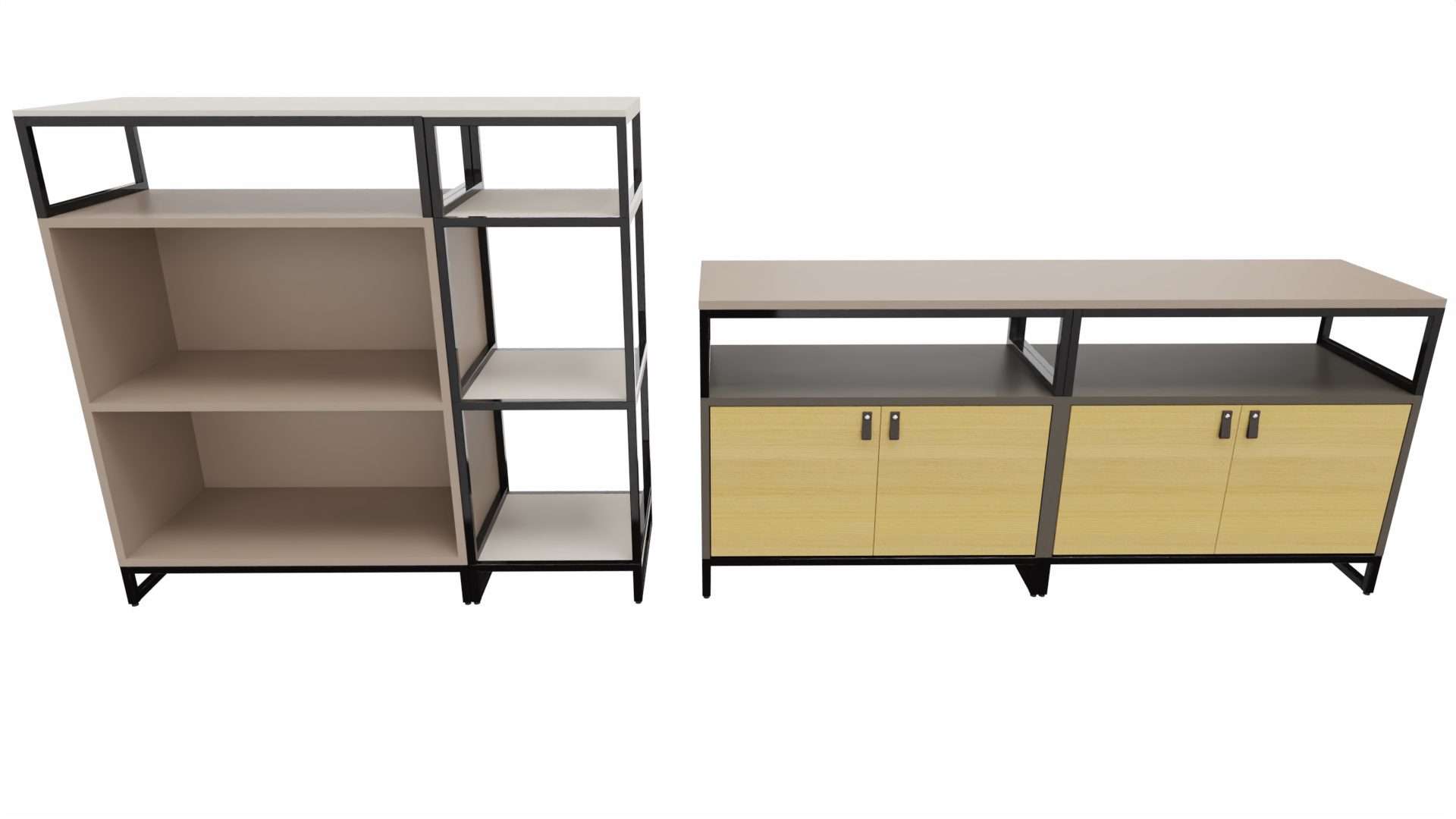 Regal Vario aus Metall Holz in Schwarz Holzfarben Grau M1 Set 3 Big B Regal-Kombi, Wohnkombination Rahmen schwarz, Korpus-Platte Eiche Furnier-Lava-Steingrau-Angoragrau, Schlaufengriff Leder braun