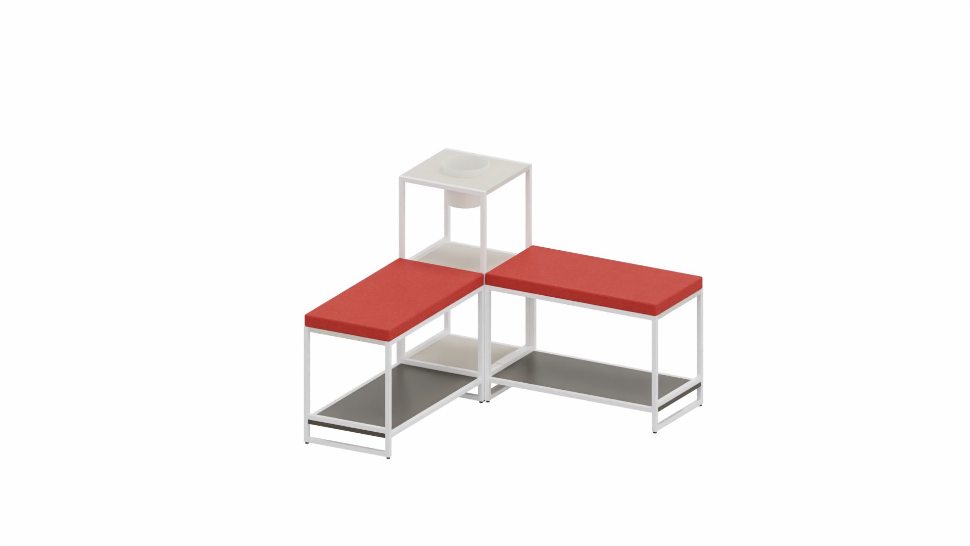 Regal Vario aus Metall Holz in Weiß Grau Rot M1 Set 3 Medium B Sitz-Regal-Kombi, Wohnkombination Rahmen weiss, Korpus-Platte Lava-Angoragrau, Topf weiß, Kissen Camira Synergy Mutual