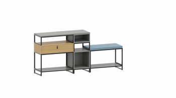 Regal Vario aus Metall Holz in Weiß Schwarz Grau Hellblau M1 Set 3 Small A Regal-Kombi, Wohnkombination Rahmen schwarz, Korpus-Platte Eiche Dekor-Titan, Schlaufengriff Leder braun