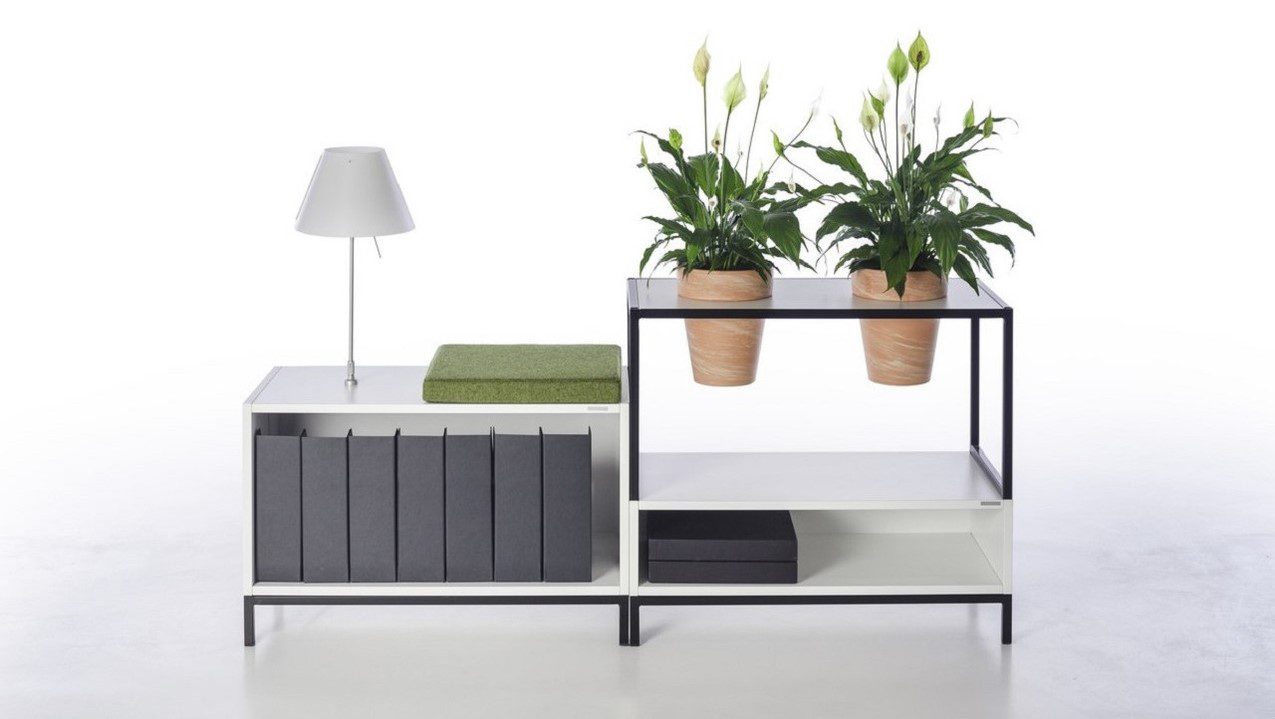 Regal Vario aus Metall Holz in Weiß Schwarz Grau M1 Set 3 Medium A Regal-Kombi, Wohnkombination Rahmen weiss, Korpus-Platte Lava-Steingrau, Topf schwarz