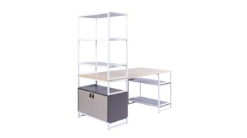 Büromöbel Vario aus Metall Holz in Weiß Holzfarben Dunkelgrau M1 Set 2 Big A Schreibtisch-Kombi Rahmen weiss, Korpus-Platte Lava-Steingrau, Schlaufengriff Leder braun, Schreibplatte Eiche Dekor