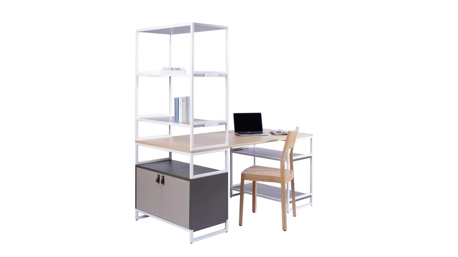 Büromöbel Vario aus Metall Holz in Weiß Holzfarben Dunkelgrau M1 Set 2 Big A Schreibtisch-Kombi Rahmen weiss, Korpus-Platte Lava-Steingrau, Schlaufengriff Leder braun, Schreibplatte Eiche Dekor