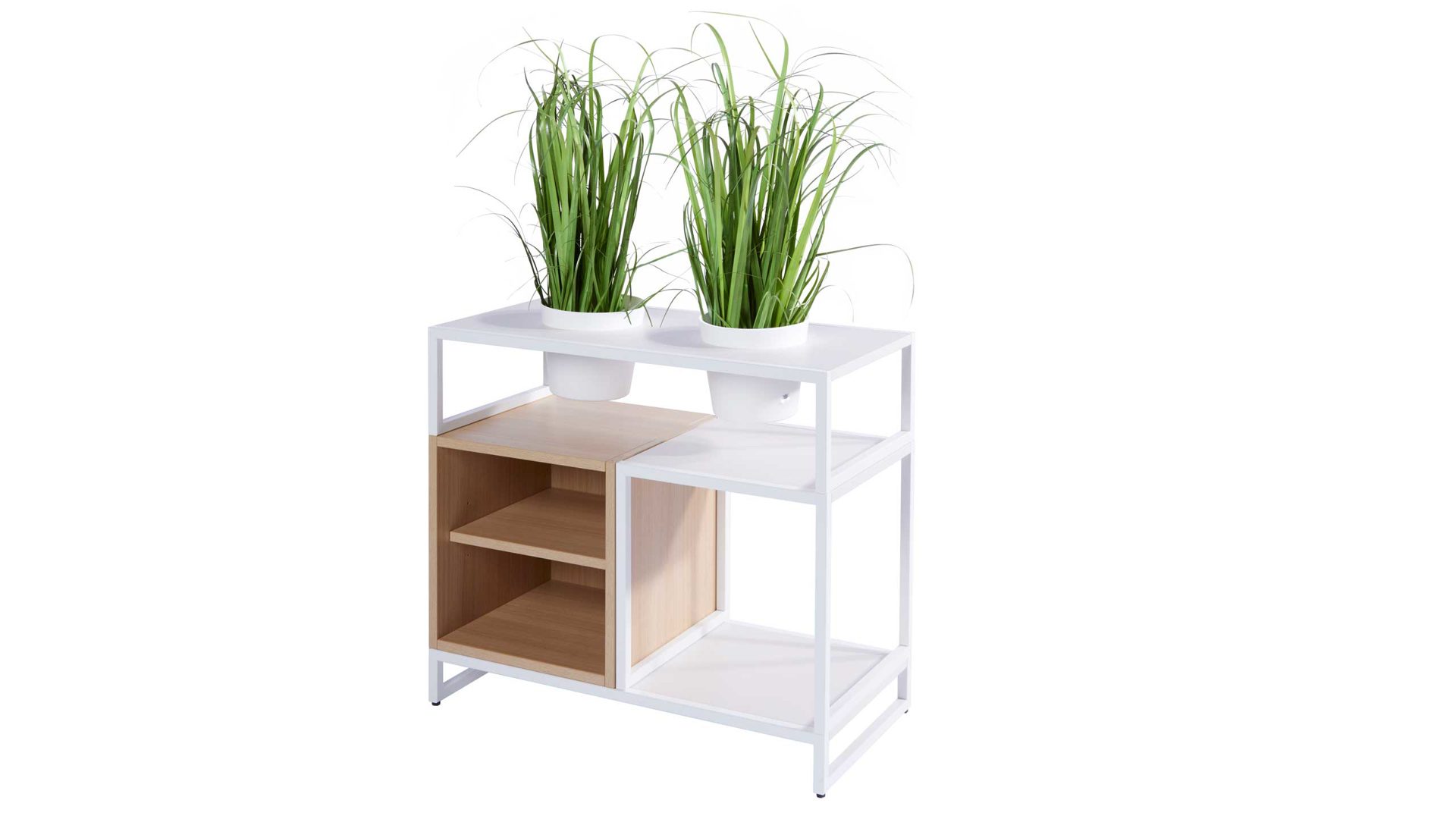 Büromöbel Vario aus Metall Holz in Weiß Holzfarben Grau M1 Set 2 Small B Büro-Kombination, Regalkombi Rahmen weiss, Korpus-Platte Eiche Dekor-Angoragrau, Topf weiss