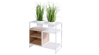 Büromöbel Vario aus Metall Holz in Weiß Holzfarben Grau M1 Set 2 Small B Büro-Kombination, Regalkombi Rahmen weiss, Korpus-Platte Eiche Dekor-Angoragrau, Topf weiss