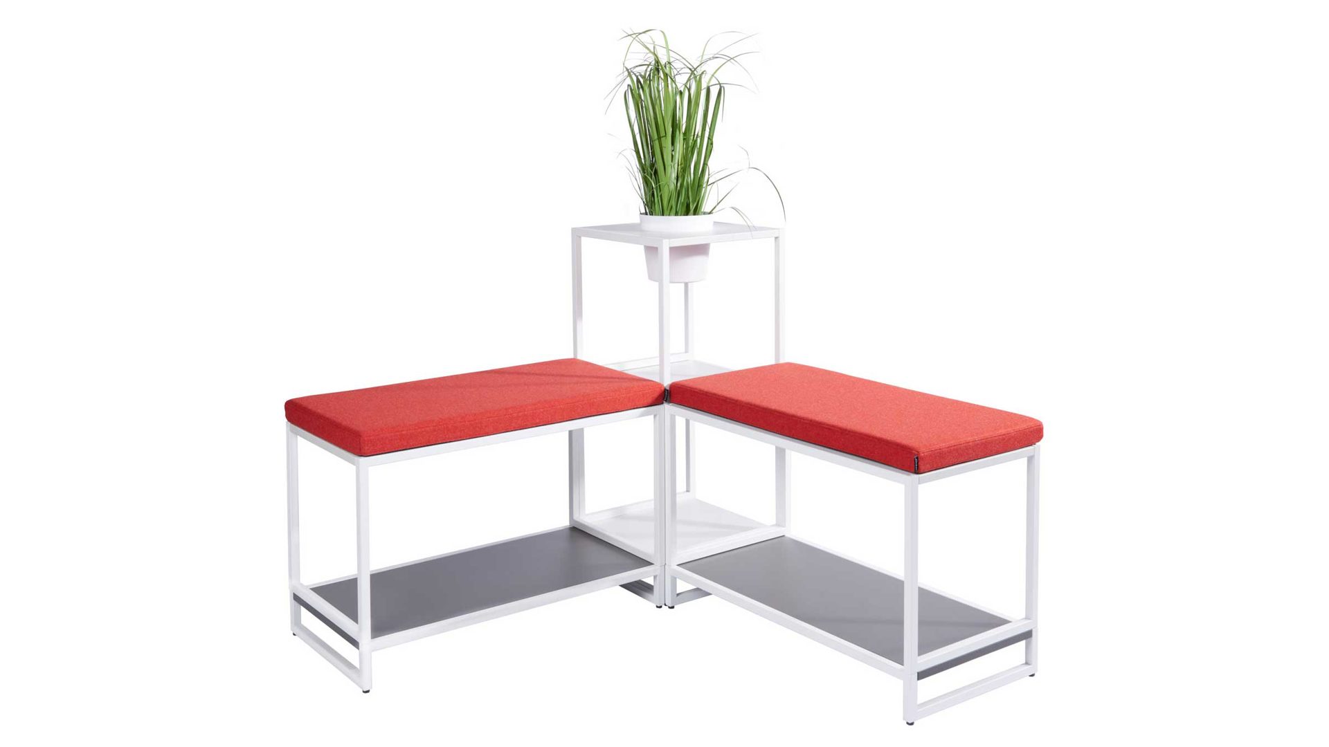 Regal Vario aus Metall Holz in Weiß Grau Rot M1 Set 3 Medium B Sitz-Regal-Kombi, Wohnkombination Rahmen weiss, Korpus-Platte Lava-Angoragrau, Topf weiß, Kissen Camira Synergy Mutual