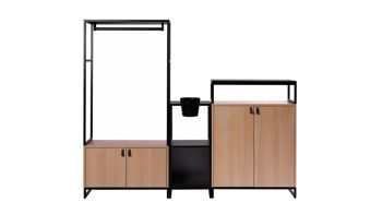 Garderobe Vario aus Metall Holz in Schwarz Holzfarben Garderobe M1 Set 1 Medium Garderoben-Kombi Rahmen schwarz, Korpus - Platte Eiche Dekor - Schwarz, Schlaufengriff Leder braun, Topf schwarz