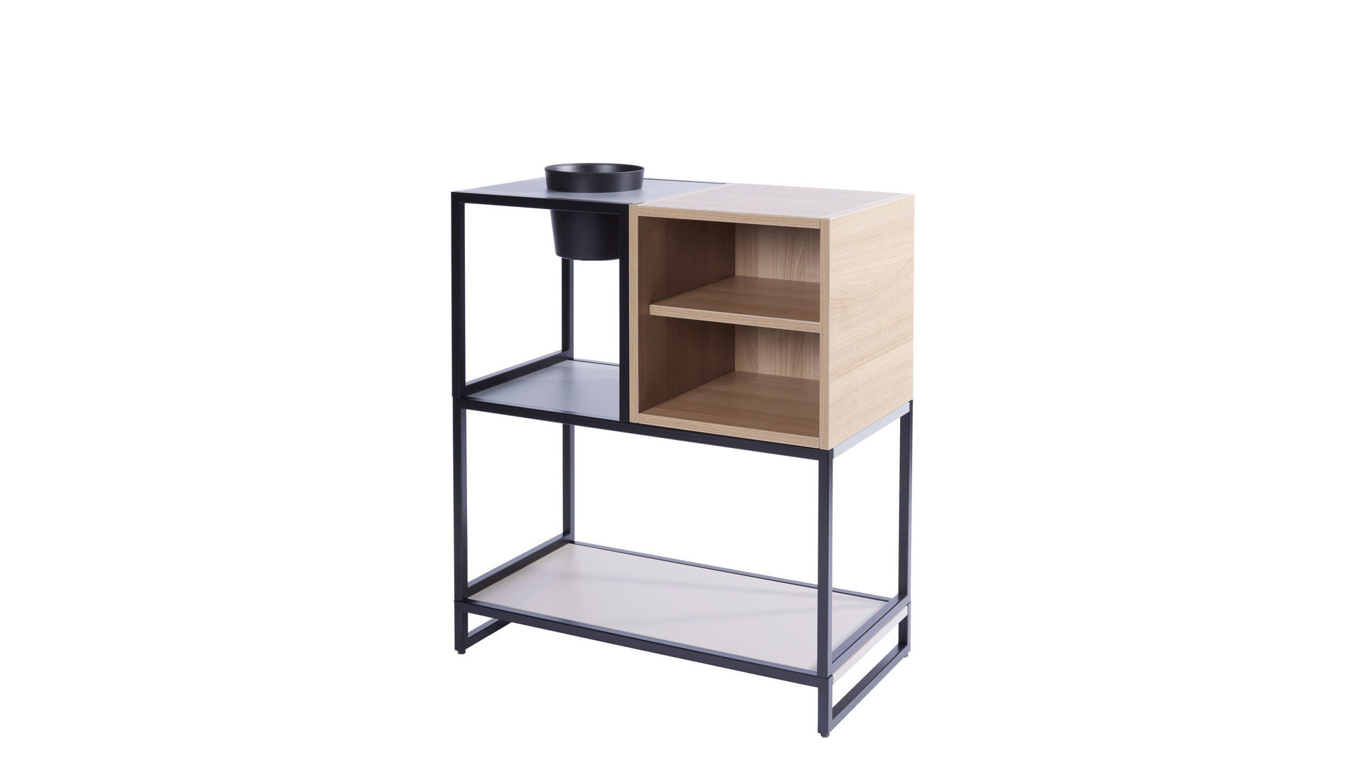 Regal Vario aus Metall Holz in Schwarz Grau Holzfarben Dunkel M1 Set 3 Small B Regal-Kombi, Wohnkombination Rahmen schwarz, Korpus-Platte Nussbaum Dekor-Titan, Topf schwarz