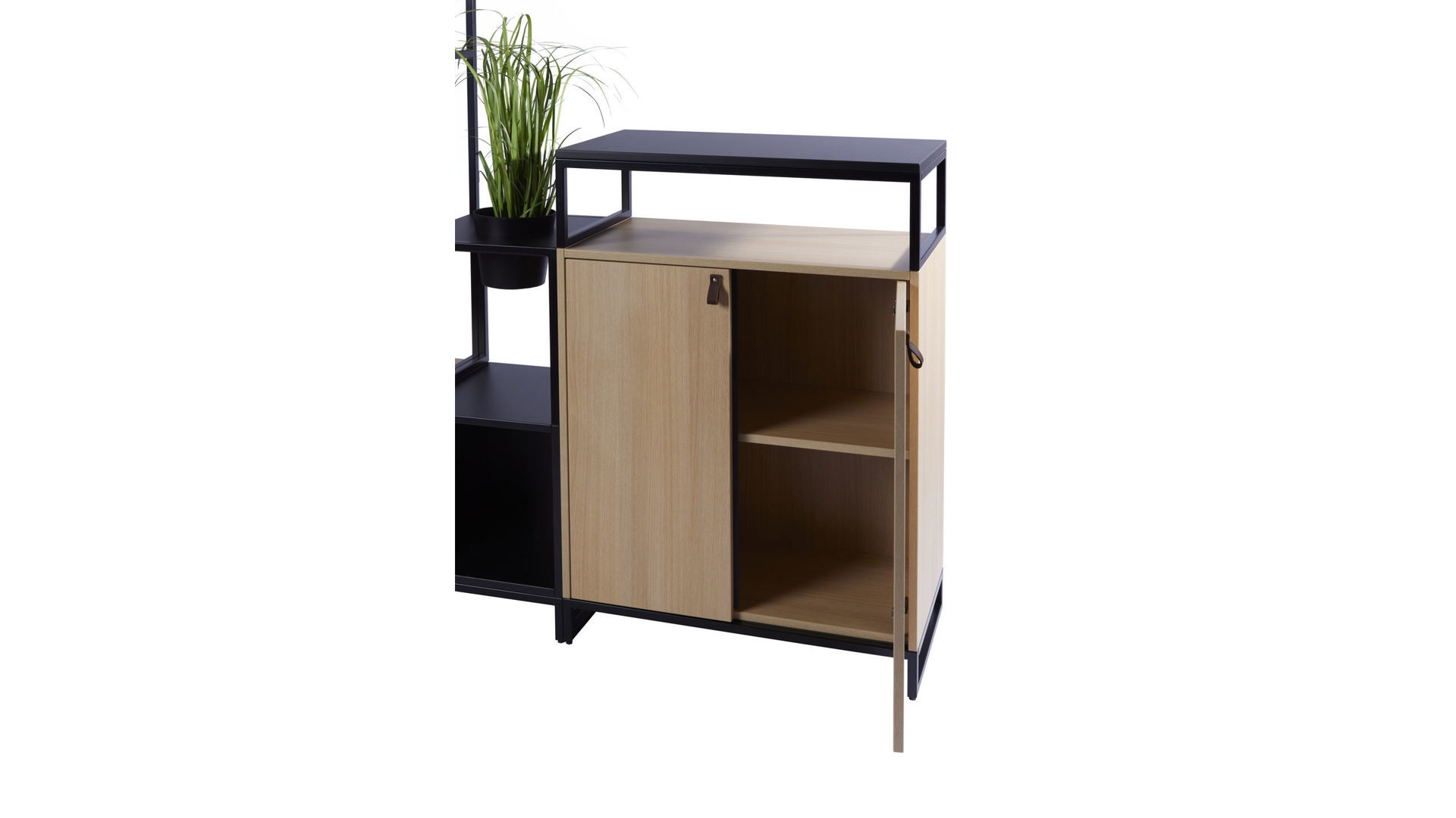 Garderobe Vario aus Metall Holz in Schwarz Holzfarben Garderobe M1 Set 1 Medium Garderoben-Kombi Rahmen schwarz, Korpus - Platte Eiche Dekor - Schwarz, Schlaufengriff Leder braun, Topf schwarz
